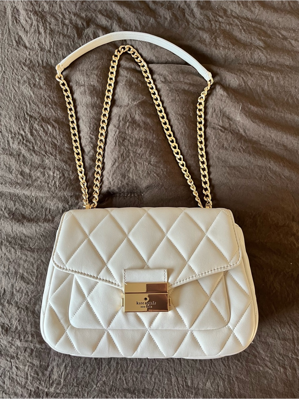 kate spade White Quilted Leather Shoulder Bag with Gold Chain